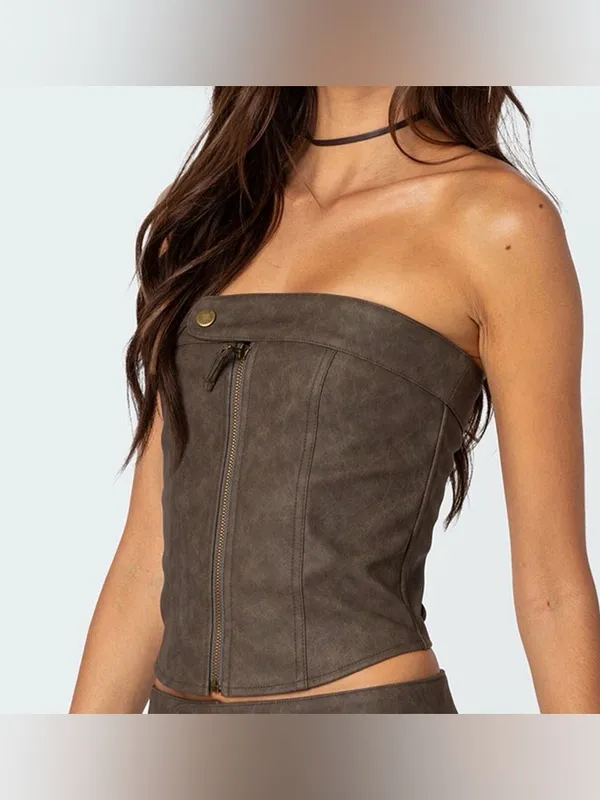Cider Brown Faux-Leather Lace up Zipper Corset NWT - Image 5