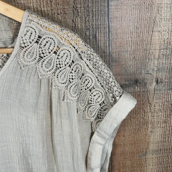 Indigo Rose 1X Beige Crinkle Gauze Blouse Lace Crochet Boho Cottagecore Top Plus - Image 2