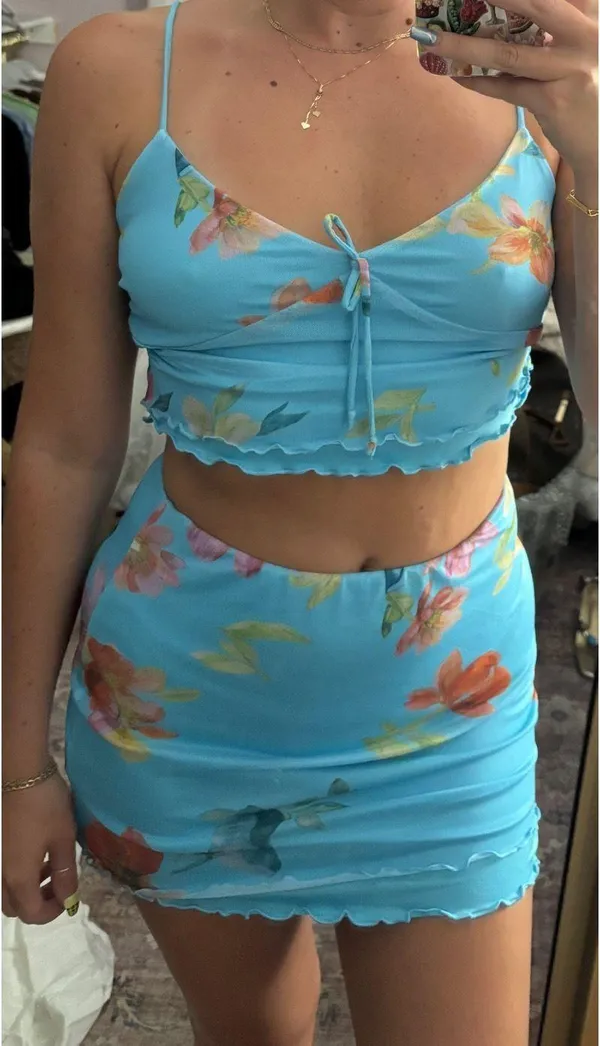 SheIn Baby Blue Vacation Mesh Two Piece Set With Floral Design Tropical - Image 2