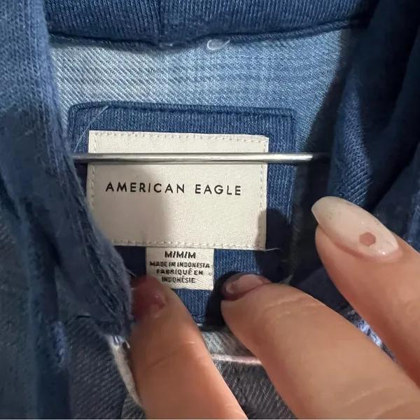 American Eagle Blue Hooded Cabin Flannel Button Down Shacket - Image 5