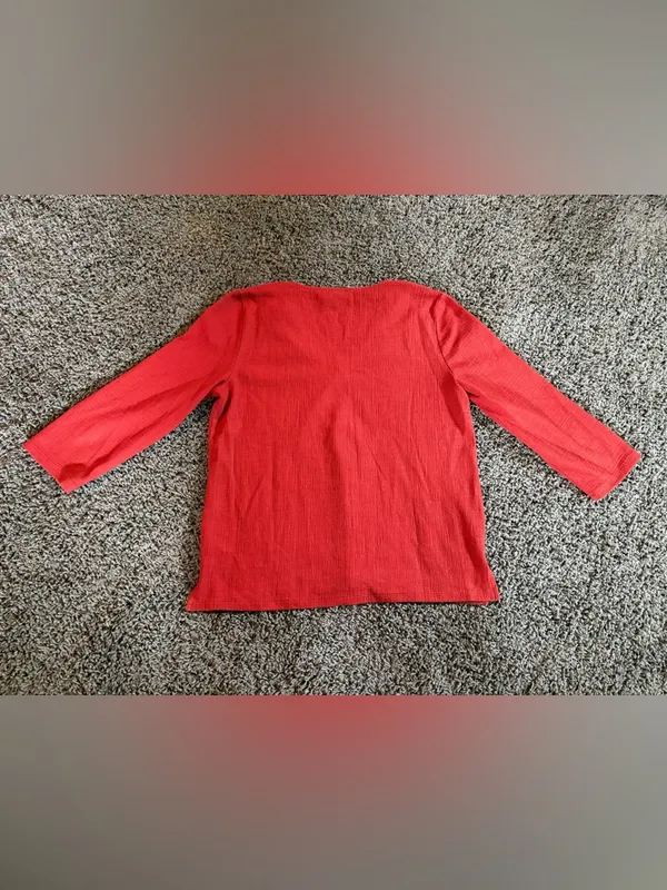 J. Crew Textured V Neck 3/4 Sleeve Shirt Womens Size M Stretch Red/Orange Preppy - Image 8