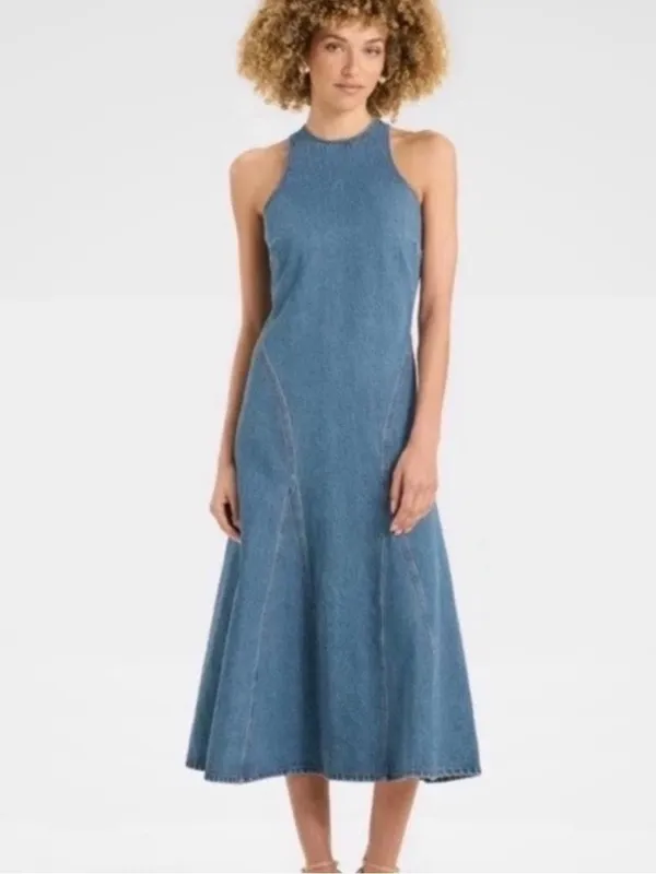 Future Collective Denim A Line Midi Dress 10 Medium Wash Blue Jean Racerback - Image 3