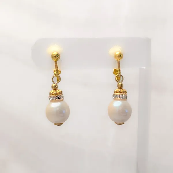 Vintage Clip On Earrings Rich Gold Tone Clear Gems, Faux Pearl Dangle Drop - Image 6