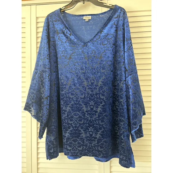 Avenue Royal Blue Burnout Velvet Floral V Neck Long Sleeve Tunic Top Plus‎ 18 20 - Image 2