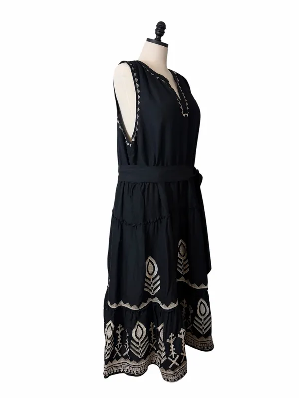 Soft Surroundings Embroidered Tiered Midi Dress Size 2X Linen Blend Belted Black - Image 4