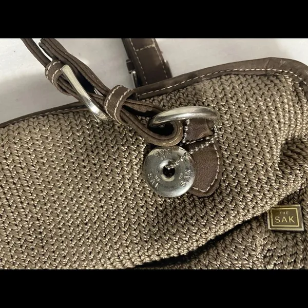 The Sak Woven Crochet Shoulder Bag Brown Taupe Satchel Purse Zip Top - Image 5