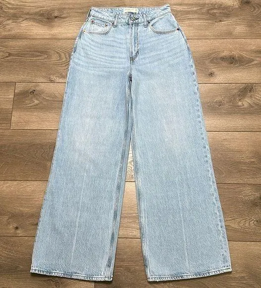 Abercrombie & Fitch Wide Leg High Rise Curve Love Blue Jeans Size 24 - Image 3