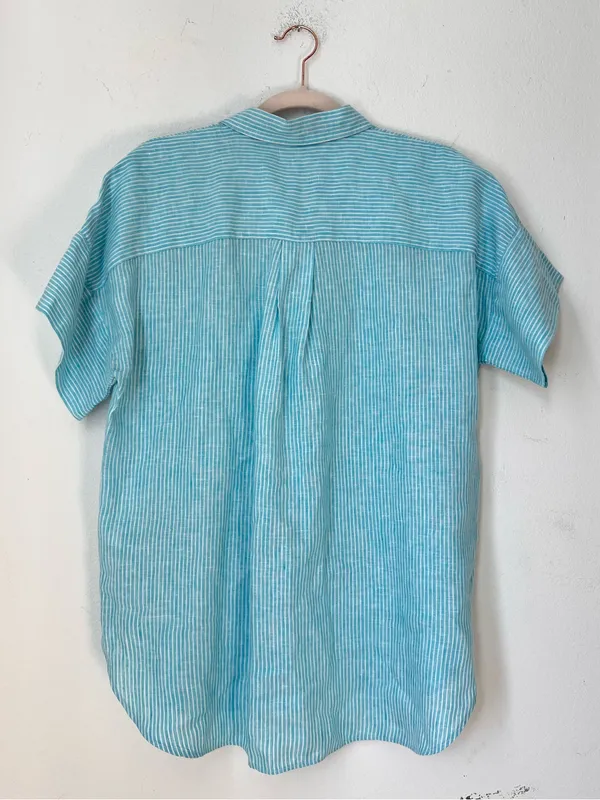 Lauren Ralph Lauren Blue Striped 100% Linen Button Down Blouse Women's Medium - Image 4