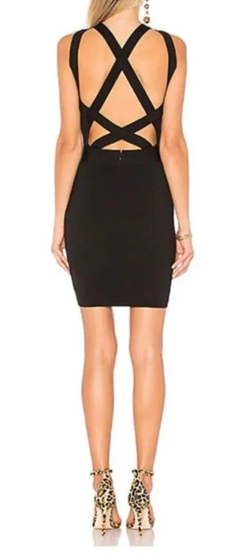 Revolve sheer mesh cut out Backless strappy plunge LBD mini black dress - Image 2