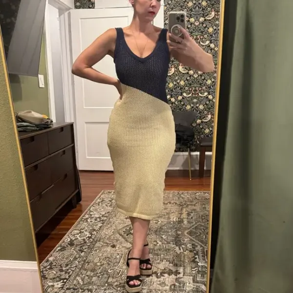 Toccin Blue Cream Crochet Midi Tank Dress SMALL Colorblock Knit Vacation $325 - Image 7