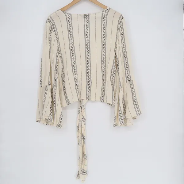 American Eagle Outfitters Boho Top Womens L Beige Striped Bell Sleeve Tie-Front - Image 4