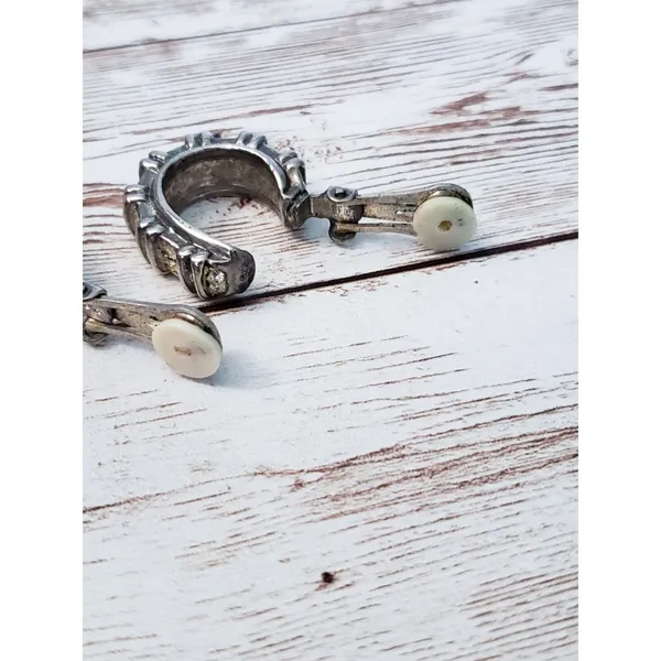 Vintage Clip On Earrings - Elongated Thick Hoops with Gems - Tarnished - Image 11
