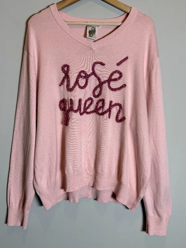 Queen Of Sparkles Rosé All Day Queen Knit Sweater Womens Large Pink Sequins Wine - Image 5