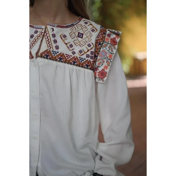 ANTIK BATIK Bernadette Embroidered Cotton Blouse White Boho Bohemian Small 38 - Image 5