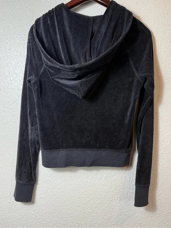 Juicy Couture Y2k black‎ Velour Zip Hoodie Rhinestone Pocket Trim Size S - Image 2