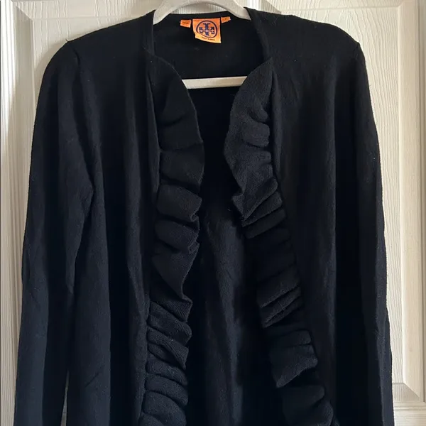 Tory Burch Black Merino Wool Ruffle Trim Open‎ Front Cardigan Sweater Sz Med - Image 3