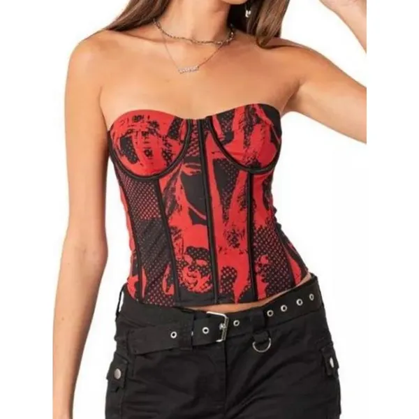 Edikted printed mesh corset fitted strapless top grunge rave festival medium - Image 2