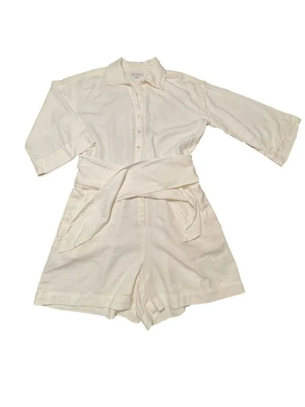 Free Assembly cream linen blend shorts romper jumpsuit belt button front Sz S - Image 3