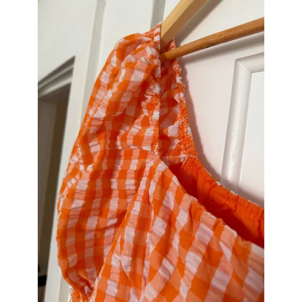 Orange Gingham Puff Sleeve Bustier Bodycon Mini Dress Sweetheart Neck Large - Image 9