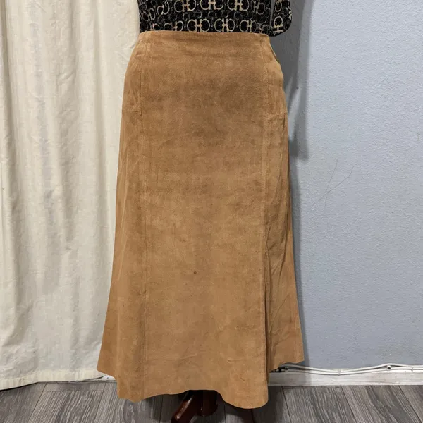 Anonymous John Carlisle Tan Suede Leather A-Line Midi Skirt Size 14‎ Camel Brown - Image 4