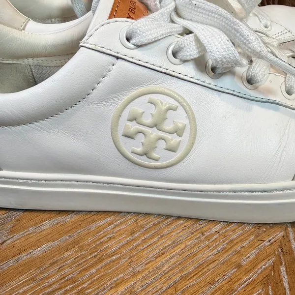 Tory Burch Color Block Sneakers‎ Leather Suede White Tan Neutral Size 9 - Image 4