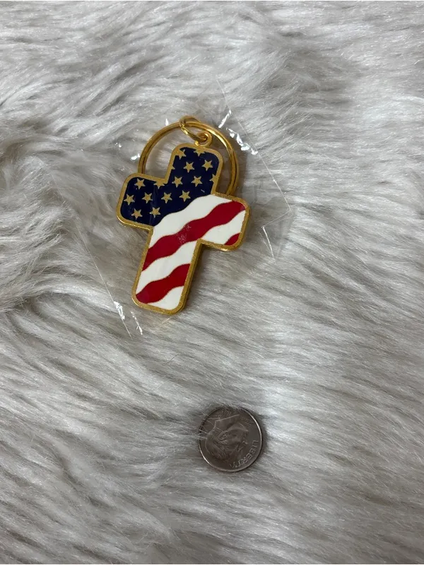 American Flag Gold Tone Cross Keyring Blue - Image 3