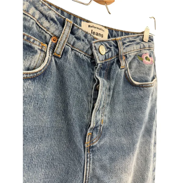 Reformation Cynthia High Rise Straight Jeans Fauna Floral Embroidered Size 28 - Image 7