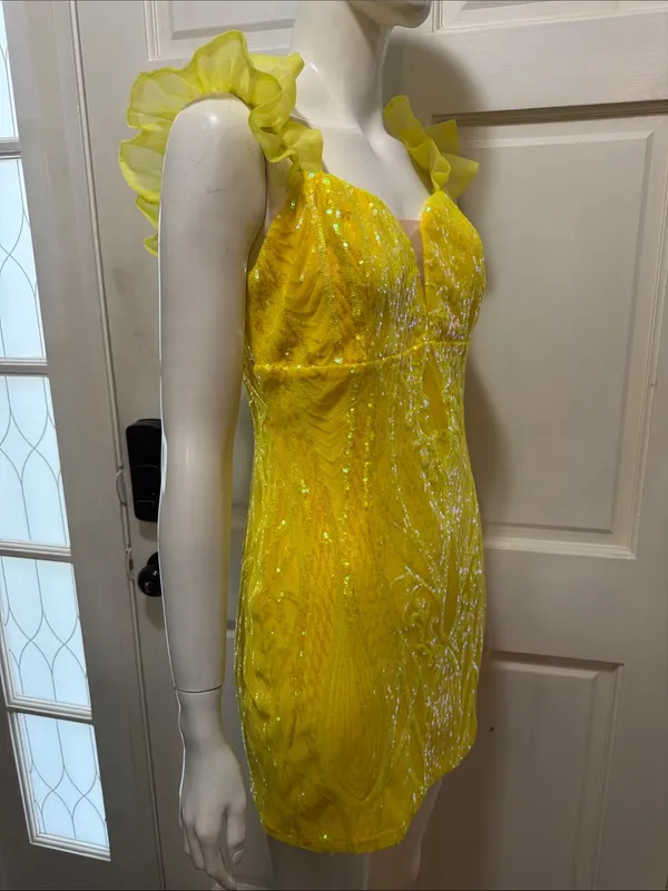 Banjul Yellow Sequin Ruffle Strap Mini Dress - Image 9