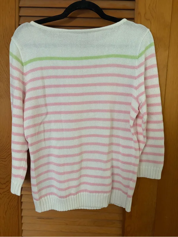 Lauren Ralph Lauren Pink White Striped Cotton 3/4 Sleeve Preppy Sweater Size L - Image 7