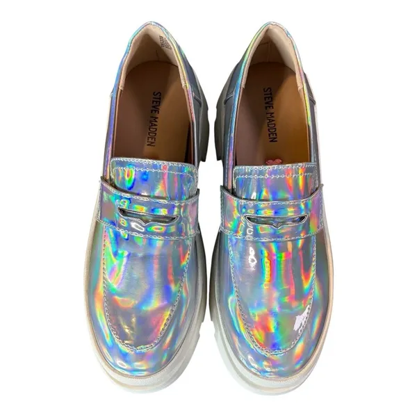 Steve Madden Lawrence Holographic Platform Loafers Chunky Silver Kids 5 Womens 7 - Image 6