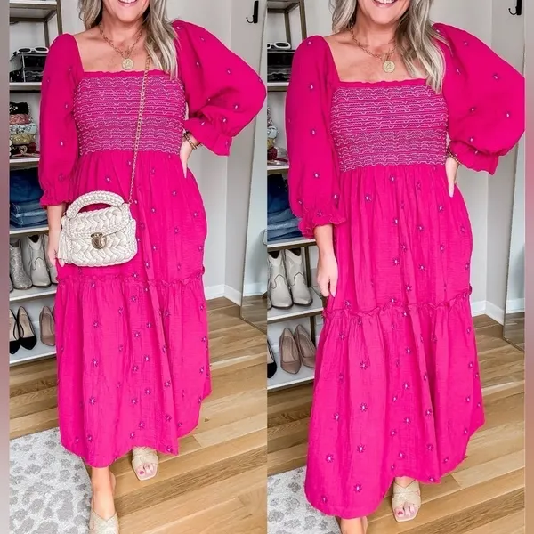 Amazon FP maxi dress embroidered dahlia puff sleeves smock floral magenta midi - Image 2