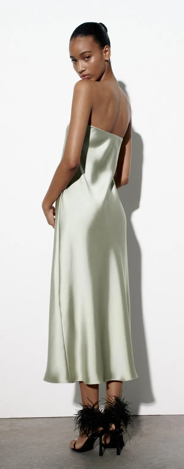 ZARA midi dress satin sleeveless tube olive green wedding party summer - Image 10