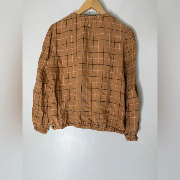 ROOLEE Harvest Plaid Check Modest Prairie Long Sleeve Linen Top Small‎ - Image 2