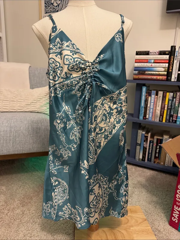Teal Paisley Satin Slip Dress - Image 4