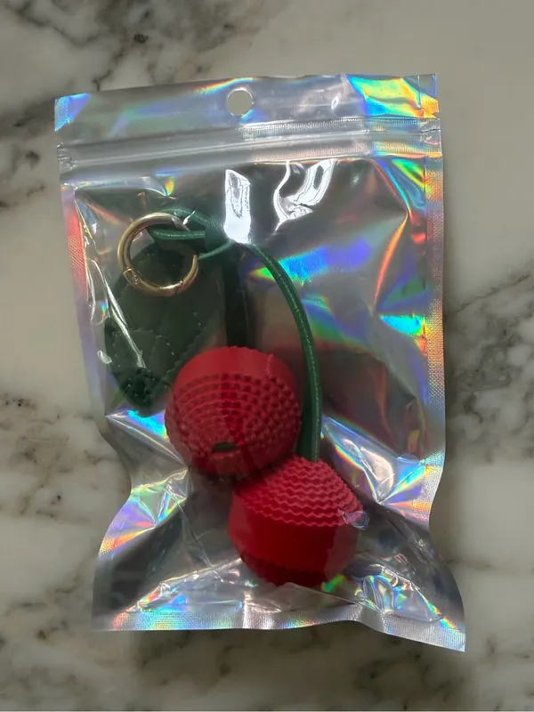 NIB Cherry Faux Leather Bag Charm Keychain Red Green Gold - Image 4