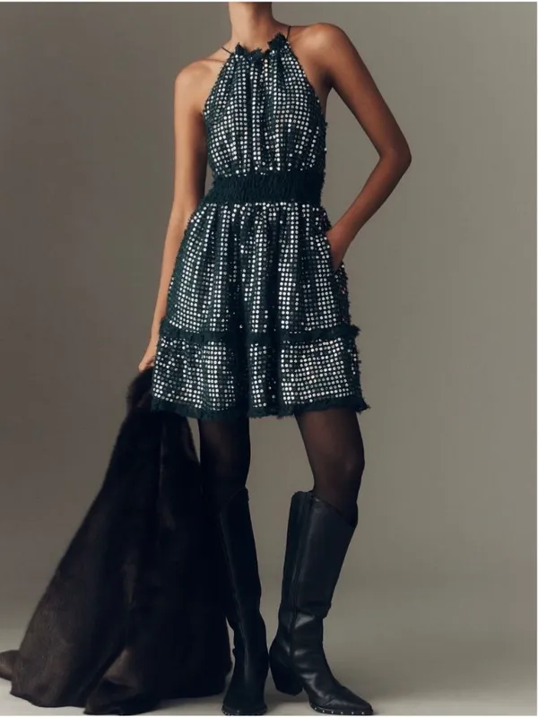 Anthropologie The Somerset Shine Mini Halter Dress In Dark Green Size M - Image 4