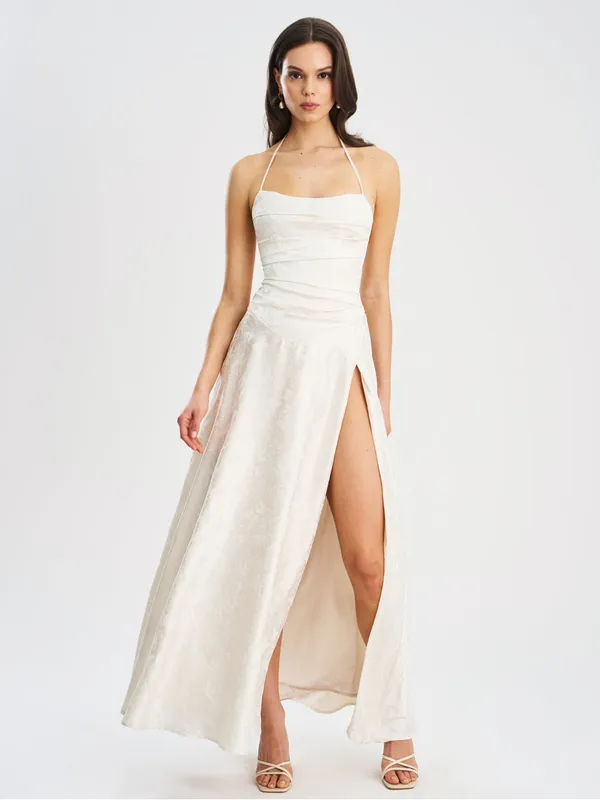 NWT Miss Circle Raegan Pearl White Jacquard Ruched Maxi Dress M - Image 7