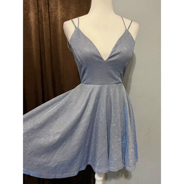 Windsor Light Blue Glitter Skater Dress Siz S V-Neck Lace Up Back Mini Prom Glam - Image 4