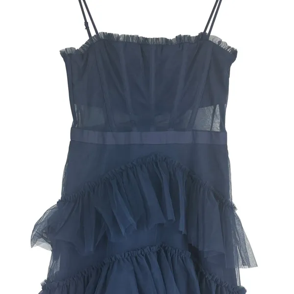 Next Up Corset Tiered Ruffle Mesh Mini Dress Navy Blue Party Cocktail Size 7/8 - Image 3