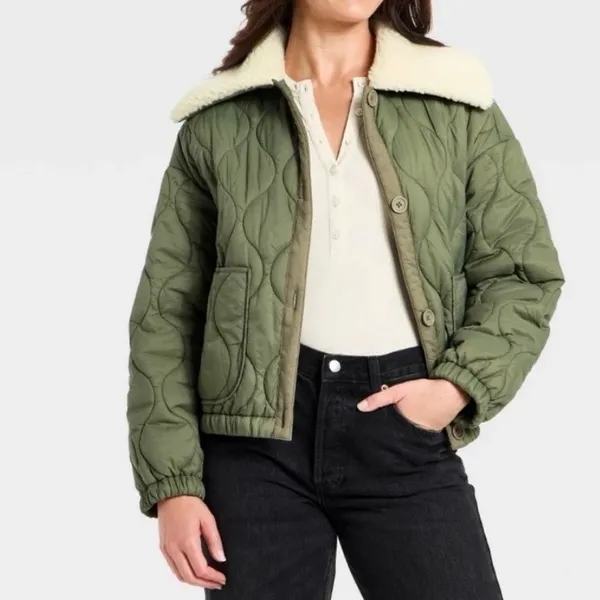 Universal Threads Olive Green Quilted Jacket Faux‎ Shearling Collar Small NWT - Image 5