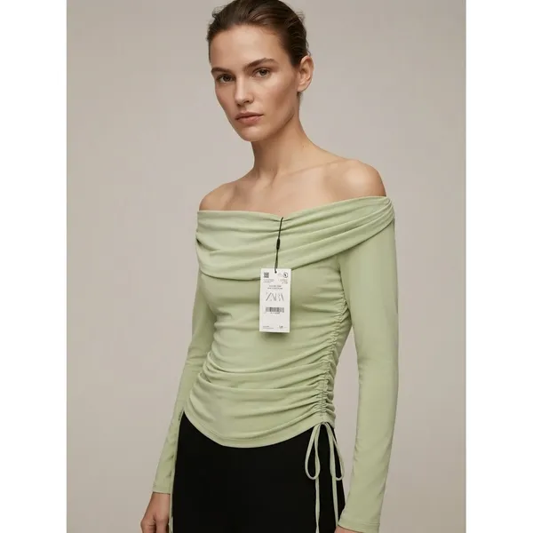 Zara Women Top Large Green Off-the-Shoulder Ruched Drawstring Long Sleeve - Image 2