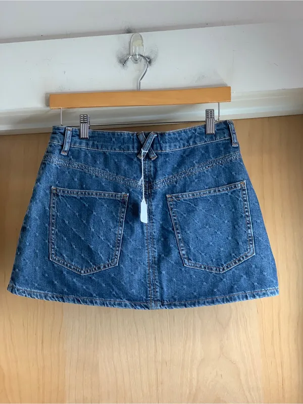 Zara Embroidered Star Pattern Dark Blue Washed Denim Mini Skirt Size-Small Y2K - Image 4