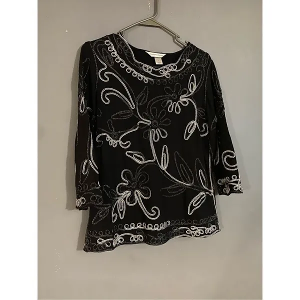 Christopher&Banks Black Sparkle Embroidered Scalloped Hem 3/4 Sleeve Top S - Image 2