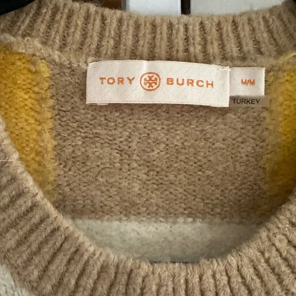 Tory Burch T6465 Intarsia Check Sweater Yellow Camel Ivory Size M - Image 2