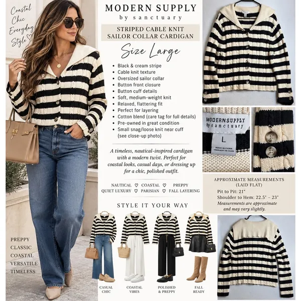 Modern Supply by Sanctuary Striped Cable Knit Sailor Collar Cardigan Black L - Image 2