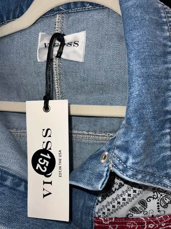 Driftwood Faria Patchwork Denim Trucker Jacket - Image 8