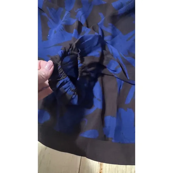 Evereve Blue Brown Abstract Floral Smocked Peplum Balloon Sleeve‎ Blouse Large - Image 3