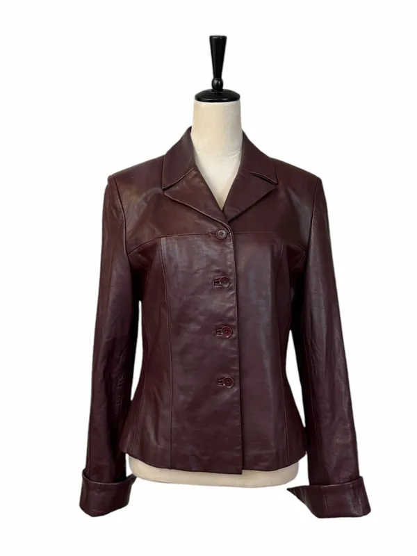 Cache Leather Jacket 10 Burgundy Fitted Button Front Y2K Retro Blazer Maroon - Image 2