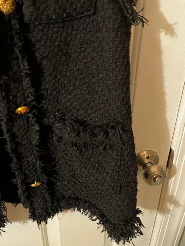 Zara Black Textured Tweed Waistcoat with Frayed Trims and Gold Buttons - Image 6