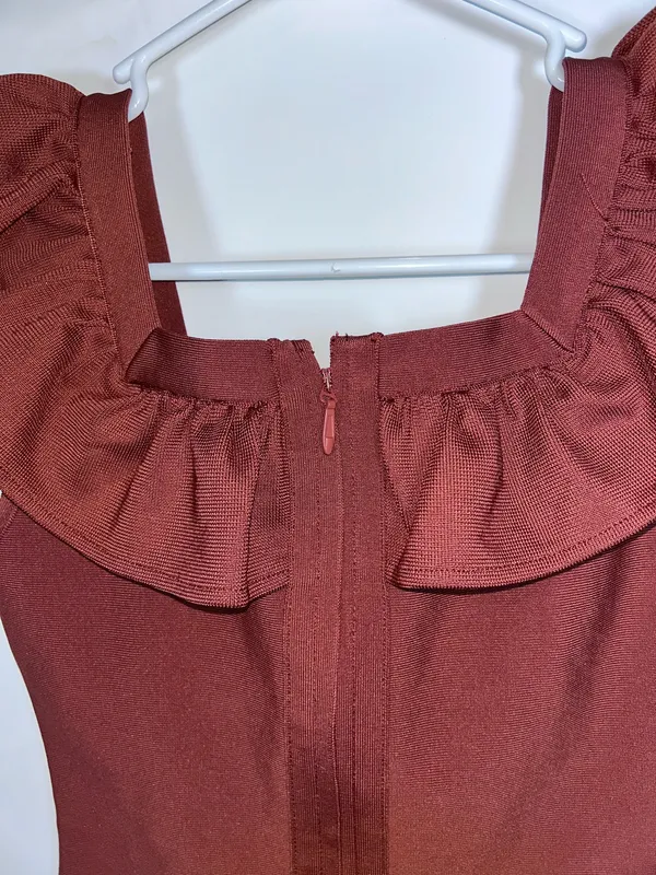 Lilly’s Kloset Size Small Brown Ruffle Bandage Bodycon Midi Dress - Image 3